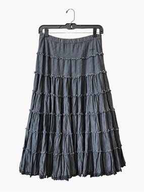 Angel Something Edwin Tiered Full Swing Skirt Women Size L Blue Chambray Pull On